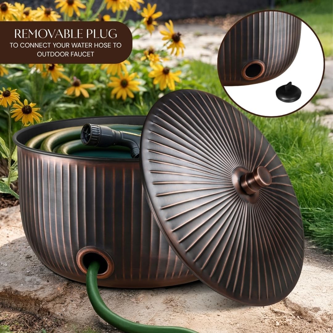 Monarch Abode Decorative Garden Hose Holder with Lid, Antique Copper Storage for Outdoor Use, 100 ft Water Hose Pot for Outside, Ridge Embossed Metal Pot with Drainage, Garden Storage Organizer