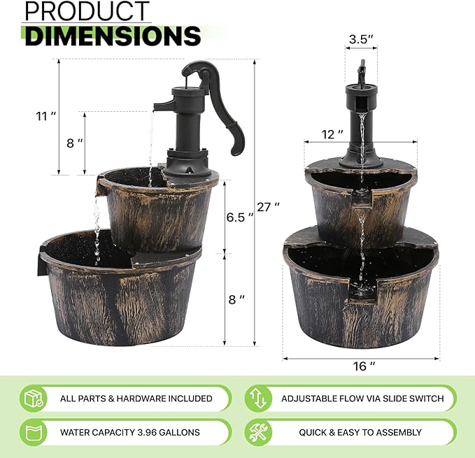 Magshion Barrel and Pump Water Fountain, Freestanding Outdoor Waterfall Fountain with Electric Recirculating Pump, 2-Tier Water Feature Decor for Garden, Patio, Backyard, or Porch, Bronze