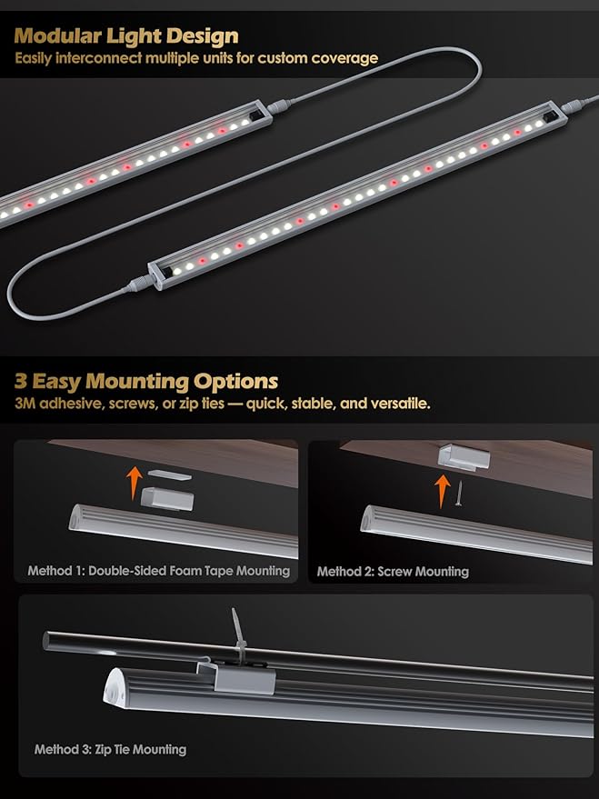Smart Grow Light for Indoor Plants,3500K Full Spectrum LED Plant Light Strips with 3/9/12H Auto Timer,Stepless Dimming,Modular Design，Plug and Play (White, 2 Pack 16W)