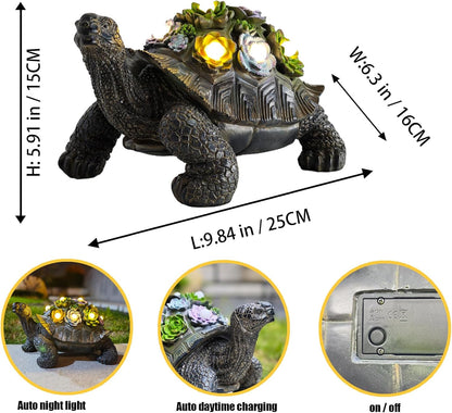 Solar-Powered Succulent Turtle Statue - Resin Garden Decor with LED Lights, Waterproof Outdoor Ornament for Patio, Yard, Lawn - Unique Housewarming Gifts