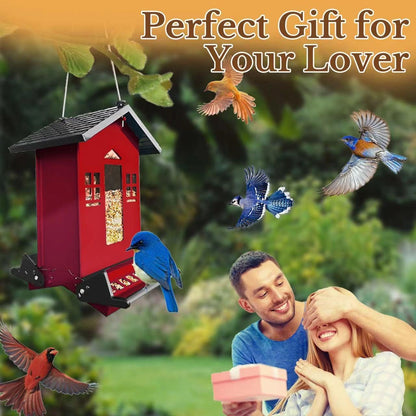 Squirrel Proof Bird Feeder, Red Metal Bird Seed Feeder for Outdoors Hanging Chew-Proof, 6lbs Large Seed Capacity for Cardinal, Finch, Sparrow, Blue Jay, Swallow