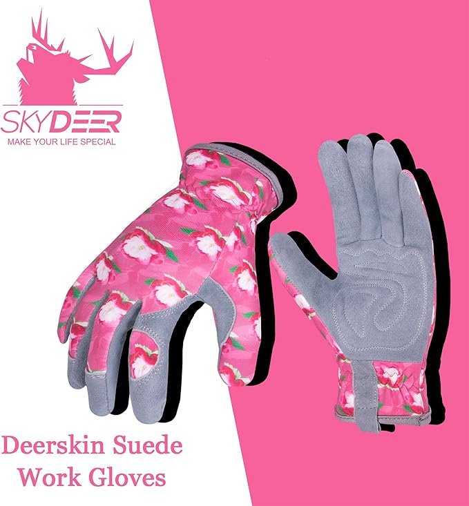 SKYDEER Premium Genuine Deerskin Suede Women's Gardening Gloves, Ultra-Soft Padded, Comfort Fit for Work (SD6612/M)