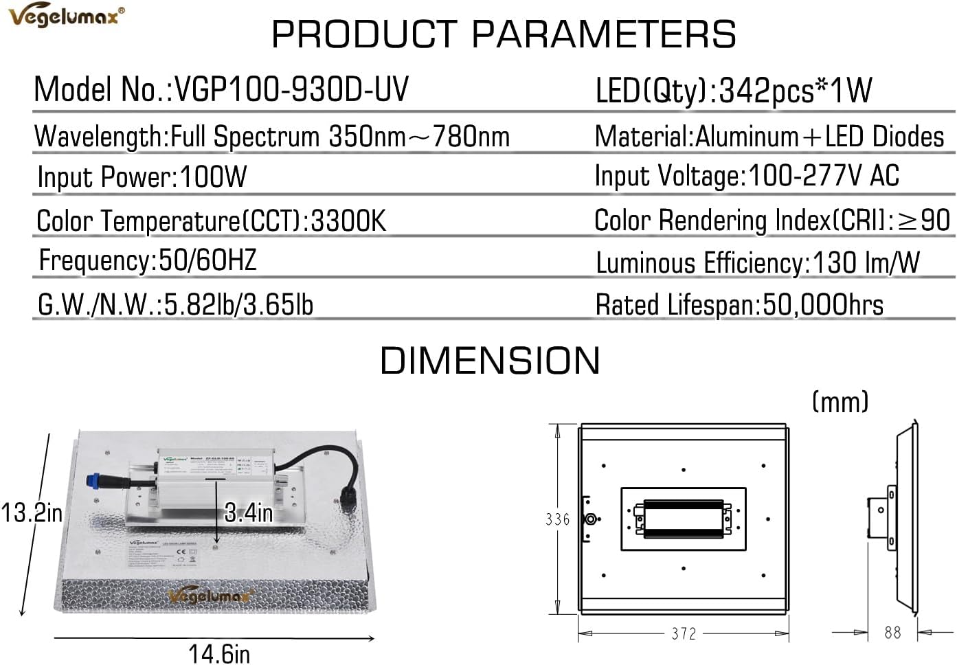 100Watt LED Plant Grow Lamp,Including UV IR Diodes,Sunlike Full Spectrum Growing Light for Hydroponic Indoor Seeding Veg Bloom Commercial Grow Greenhouse 4x2 4x4 Plant Tent,Power Dimmable