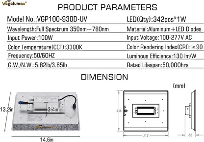 100Watt LED Plant Grow Lamp,Including UV IR Diodes,Sunlike Full Spectrum Growing Light for Hydroponic Indoor Seeding Veg Bloom Commercial Grow Greenhouse 4x2 4x4 Plant Tent,Power Dimmable