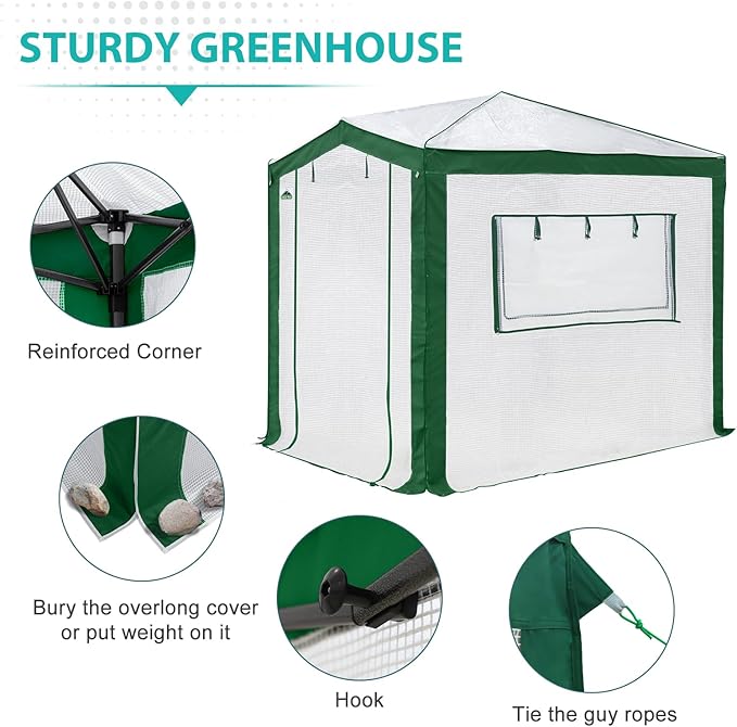 EAGLE PEAK 8x6 Portable Walk in Greenhouse with Polyester Reinforced Corners, Instant Pop Up Indoor Outdoor Gardening Green House, Roll Up Zipper Entry Doors and Mesh Windows, Green/White