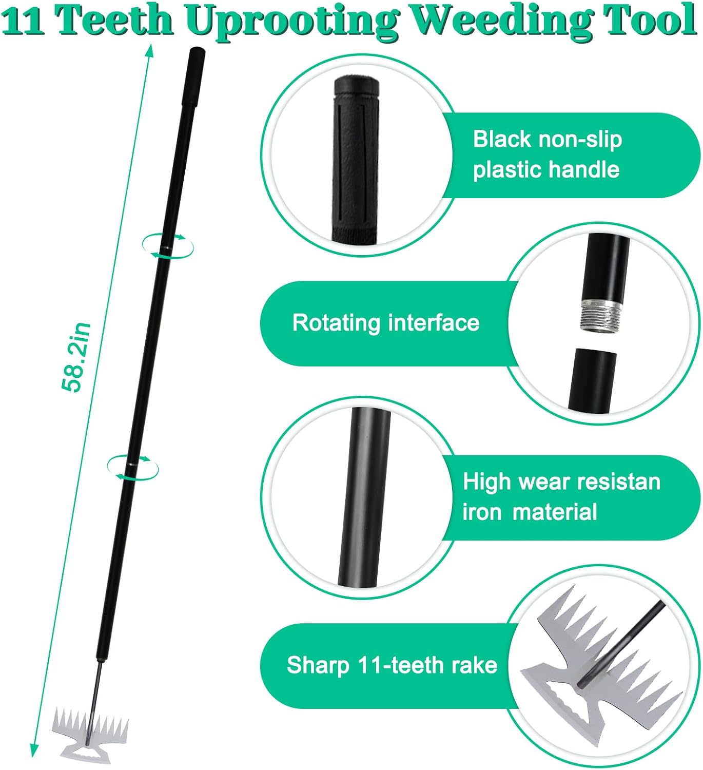 2-in-1 Weed Puller Rake Hand Weeder Garden Tools,New 11 Teeth Uprooting Weeding Tool with Adjustable Long Handle,Manganese Steel Weed Remover Tool for Garden,Lawn Weeding and Loosening Soil（Black）