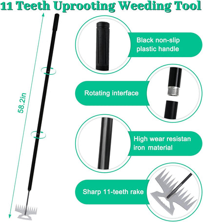 2-in-1 Weed Puller Rake Hand Weeder Garden Tools,New 11 Teeth Uprooting Weeding Tool with Adjustable Long Handle,Manganese Steel Weed Remover Tool for Garden,Lawn Weeding and Loosening Soil（Black）