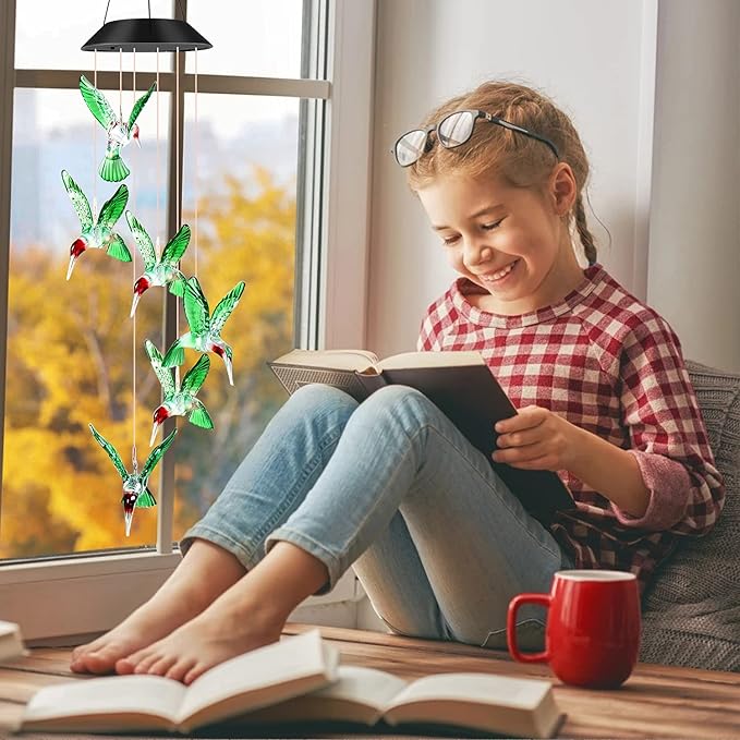 JOBOSI Hummingbird Decor Gifts, Solar Hummingbird (3.5 * 4.5in) Wind Chimes Lights, Mothers Day Wind Chime Gift, Gifts for mom, Women, Grandmother, Outdoor Garden Lawn Yard Decor