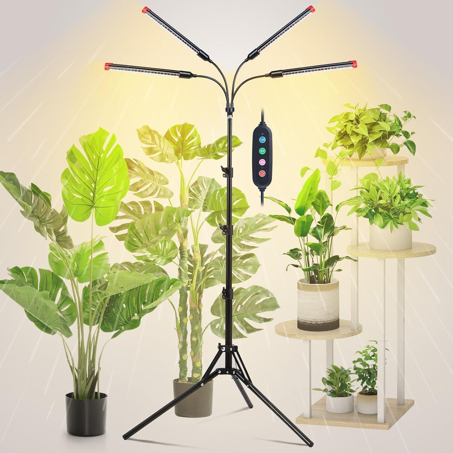 4-Head Tripod Stand Grow Lights for Tall House Plants, Seed Starting, Bonsai Tree with Timer, 36W Standing LED Plant Growing Lamps, Enough High-Intensity Like Sun, Best Gift for Plants Lover
