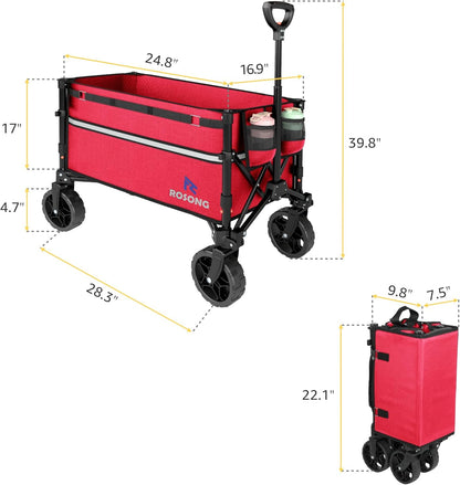 Collapsible Wagon Cart with Wheels Foldable - Folding Utility Heavy Duty Wagons Carts for Grocery Sports Garden Shopping Camping Wheelbarrows, Burgundy