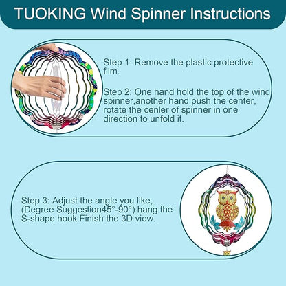 TUOKING Owl Wind Spinners Outdoor Metal 3D Hanging Art Wind Spinner 12 Inch Stainless Steel for Yard and Garden Decoration Worth Gift for Women