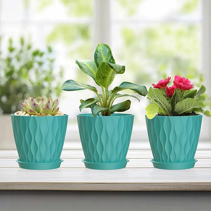 6 Pack 4 Inch Small Plant Pots with Saucers, Waffle Texture Plastic Planters with Drainage Holes for Indoor and Outdoor Plants, Flowers, Herbs, Succulents, and Seedlings, Blue