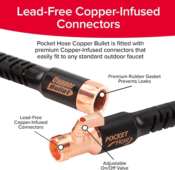 Pocket Hose Copper Bullet Expandable Garden Hose 50 FT w/10 Pattern Thumb Spray Nozzle AS SEEN ON TV 650psi 3/4 in Patented Lead-Free Ultra-Lightweight Solid Copper Anodized Aluminum Fittings No-Kink