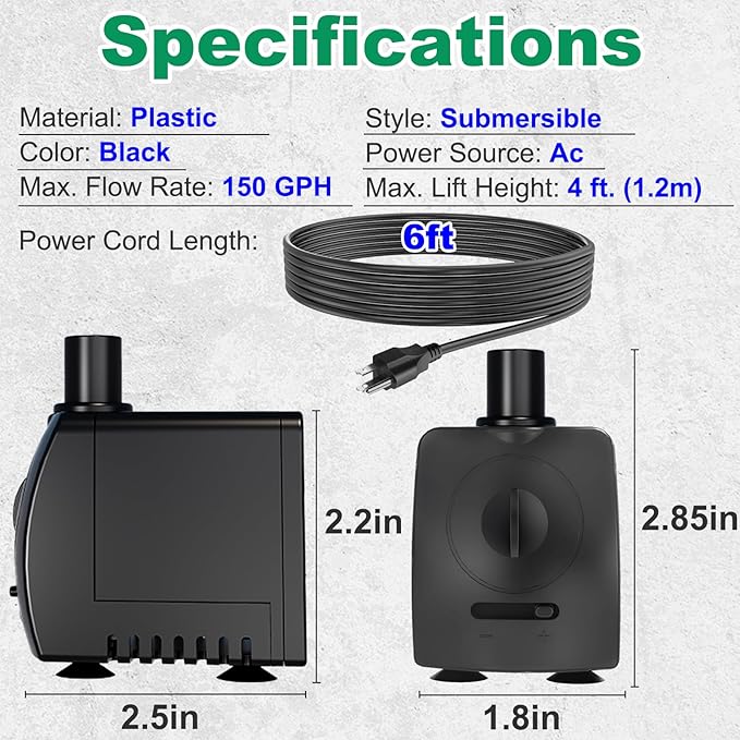 Submersible Pump 150GPH (550 L/H 9.5W) Ultra Quiet with Over Heating Protection 4ft High Lift for Fountains, Hydroponics, Ponds, Aquariums & More