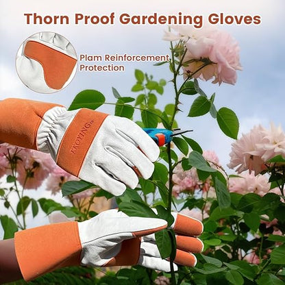 Gardening Gloves, Long Thorn Proof Garden Gloves for Women and Men, Goatskin Breathable Leather Work Gloves for Gardening, Pruning, Yard Work, Brown, XS