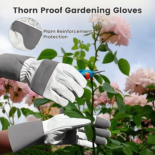 Gardening Gloves, Long Thorn Proof Garden Gloves for Women and Men, Goatskin Breathable Leather Work Gloves for Gardening, Pruning, Yard Work, Grey, S