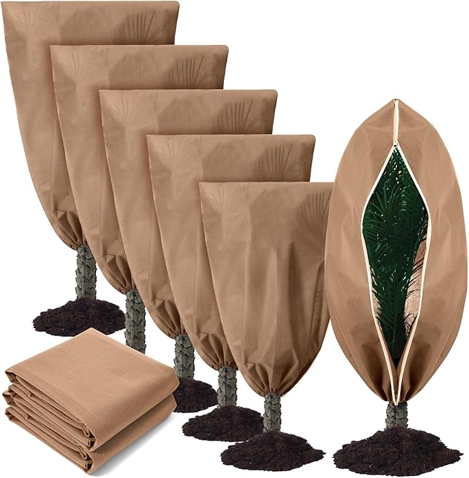 6 Pcs Plant Covers Freeze Protection Reusable Plant Protector with Zipper Frost Cloth Warm Blankets, Winter Bush Covers Freeze Protection from Cold Sun Frost Wind