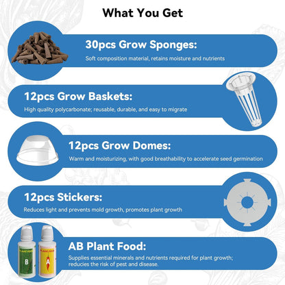 Hydroponic Pods Kit for AeroGarden, iDOO,Grow Anything Kit for Indoor Garden Growing System Seed Pods Kit Includes 30 Grow Sponges, 12 Grow Baskets, 12 Grow Domes, 12 Stickers, and A&B Plant Food