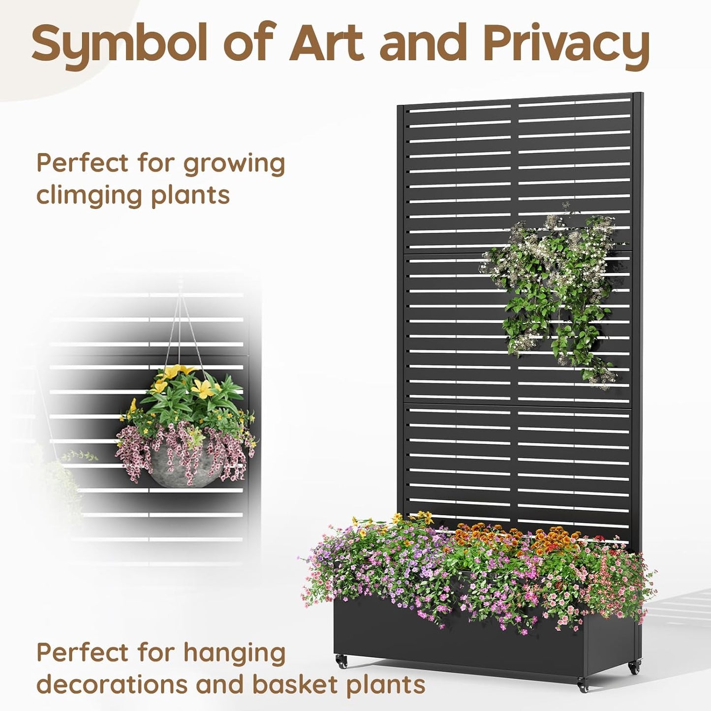 Metal Raised Garden Bed with Trellis & Wheels,72" x 35"x 15.7" Planter Box with Trellis,Privacy Planters for Patio,Garden Bed for Climbing Plants,Suitable for Climbing Plants and Vegetables,Black