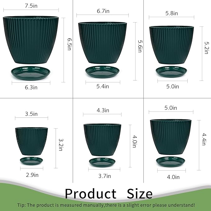 Plant Pots Indoor with Saucers & Drainage - 6 Pack Flower Pots - Plastic Planters for Indoor Planter - 7.5/6.6/5.8/5.0/4.3/3.5 inches Sizes for All Different Types of Plants-Dark Green