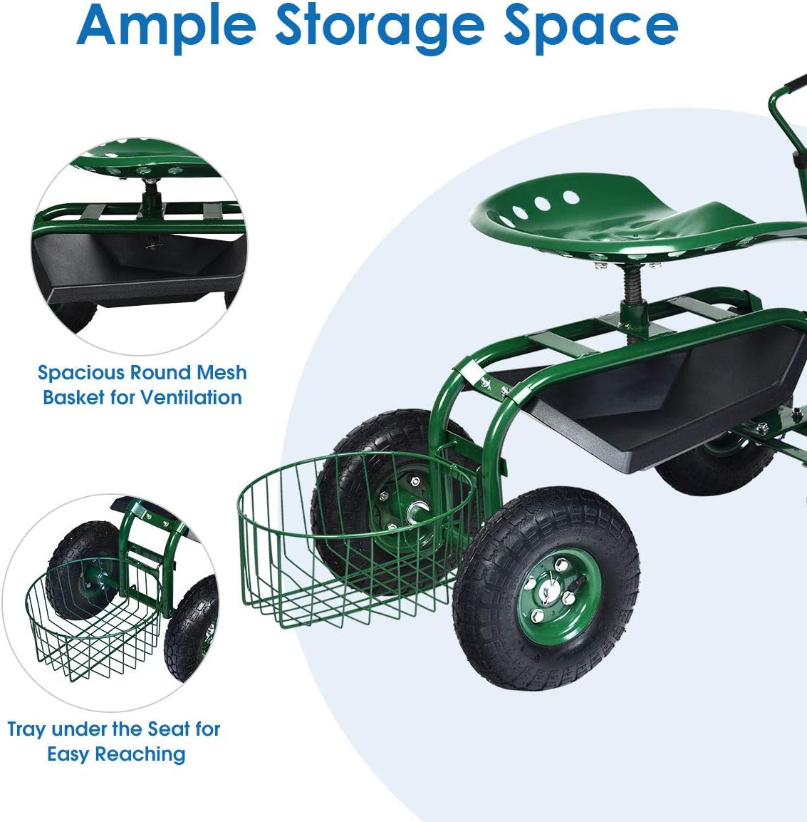 Goplus Rolling Garden Seat with Wheels, Outdoor Gardening Scooter with 360° Swivel Seat, Tool Tray & Basket, Adjustable Steering Handle for Lawn, Gardening Stool, Garden Cart for Planting