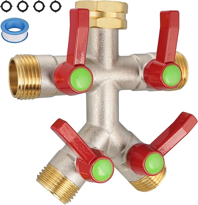 Hose Splitter 4 Way, Brass High Flow Garden Hose Splitter Heavy Duty, Hose Connector, Water Spigot Splitter, Full Flow Faucet Splitters with Shutoff, 3/4” GHT Inlet