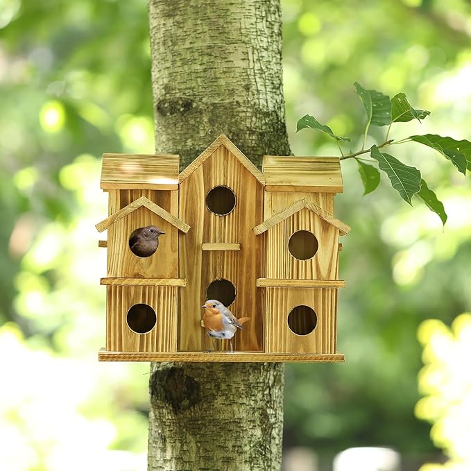 Bird Houses for Outside 10 Hole Bird House Room for 10 Bird Families Large Bird House for Garden/Courtyard/Backyard Decor Finch Bluebird Cardinals Handmade Hummingbird House