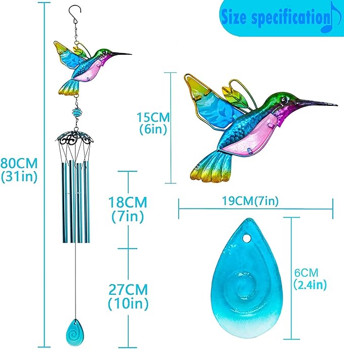 Hummingbird Wind Chimes, Wind Chimes for Outdoor, 26" Glass Painted Mobile Romantic Chimes, Patio, Balcony, Garden Decoration, Lifelike Hummingbird Deep Tone Style, Gifts for Mom