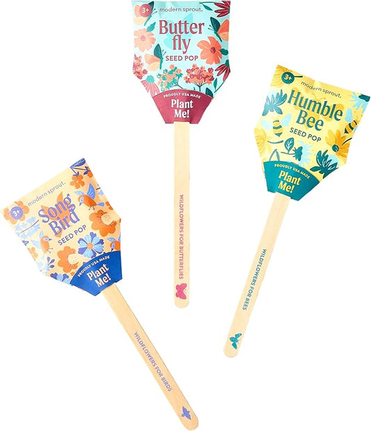 Modern Sprout Seed Pops - Organic Non-GMO Humble Bee, Butterfly & Song Bird Wildflower Seeds - Fun Family Activity - Ideal for Indoor & Outdoor - Gift for Kids, Adults & Plant Lovers (Pack of 12)