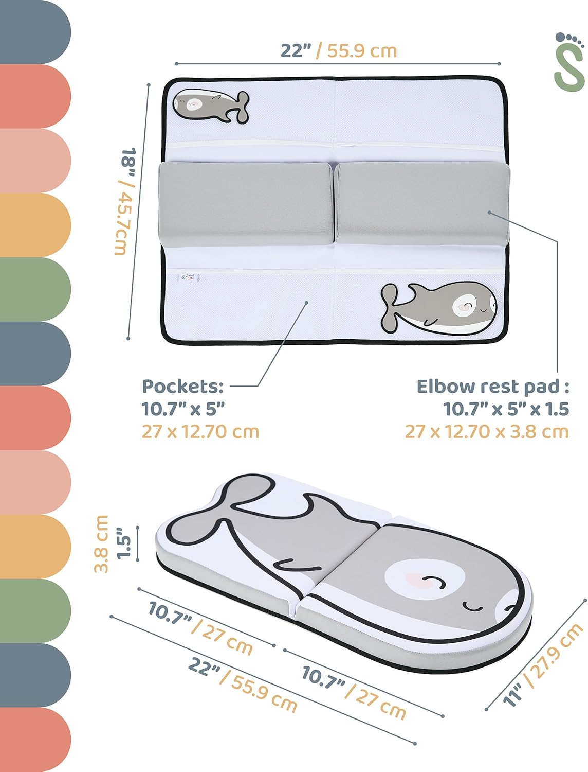 Small Steps Bath Kneeler and Elbow Rest Pad Set – Ergonomic Baby Bath Kneeling Pad with Memory Foam and Non-Slip Design – Orca-Themed Comfort with Handy Pockets for Bathing Babies and Kids