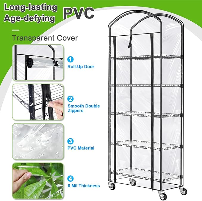 Abimars 5-Tier Greenhouse with Caster Wheel, Each Shelf Height Adjustable Metal Plant Shelf with PVC Cover for Seed Starting Trays, Seedling Pots, Plant Pots, 13x29x73inch