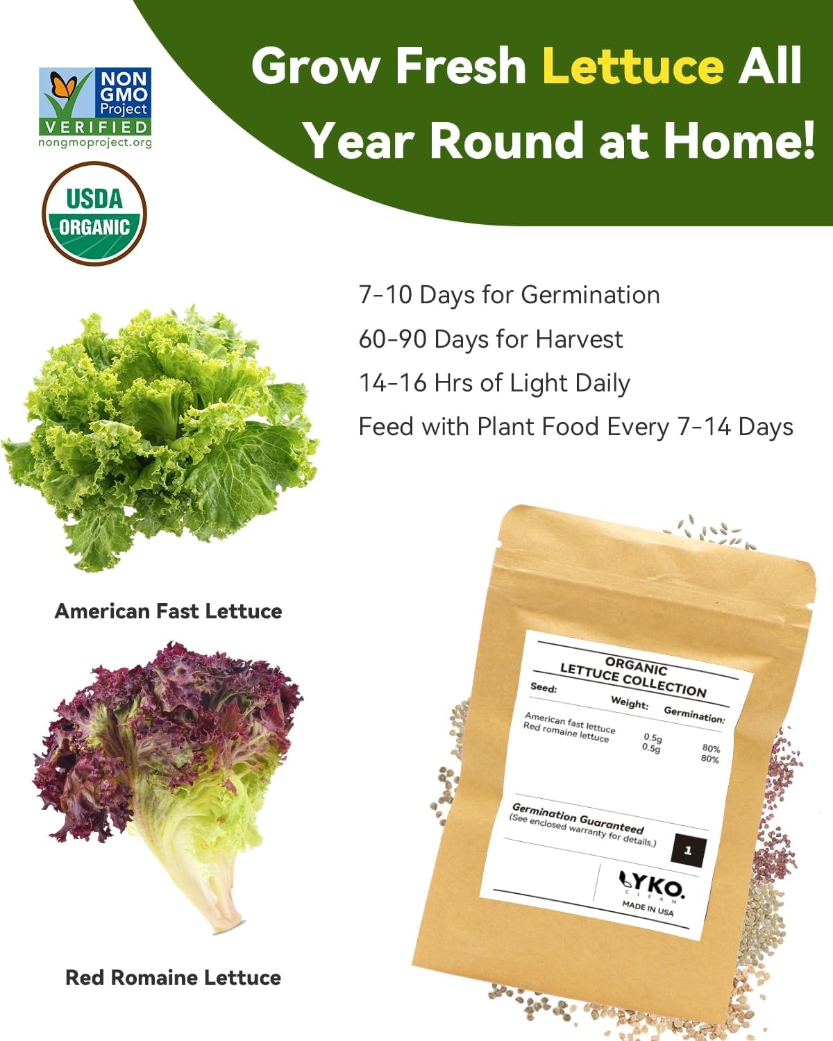 Salad Green Seed Pod Kits for AeroGarden Ahopegarden, iDOO Hydroponics Growing System Indoor Herb Garden, 400+ Seeds, Including American Fast Lettuce, Red Romaine Lettuce(8-Pods)