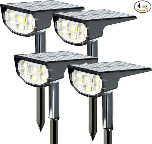 Solar Spot Lights Outdoor IP68 Waterproof, Ultra-Bright Performance，Simple Modes for Easier Operation, Auto On/Off，Solar Powered Landscape Lights for Garden, Yard, Pathway (Cool White, 4 Pack)