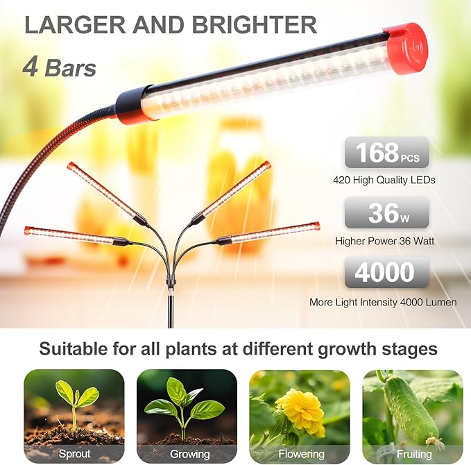 FECiDA Gamechanger! 36W 4Head Grow Light with Tripod Stand, 2025 Big Coverage LED Grow Lights for Indoor Plants, Bonsai Tree, Full Spectrum Tall Plant Growing Lamp 4,8,12,16 Hr Timer
