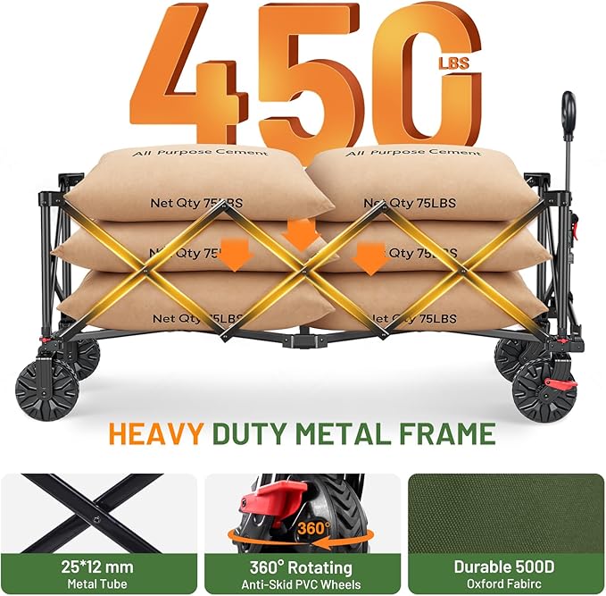 Timber Ridge 51.2'' Extended Collapsible Wagon Cart with Brakes and Cargo Net, Heavy Duty Foldable Utility Wagon with Adjustable Handle, 400L Capacity Portable Cart for Camping Sports Shopping