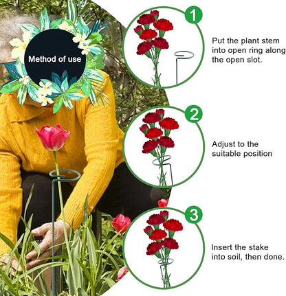 HiGift 5 Pack Plant Support Stakes, Garden Single Stem Flower Support Stick Metal Amaryllis Plant Cage Support Rings with 10pcs Plant Clips for Orchid Lily Peony Rose Stem (40 cm/16 inch Long)