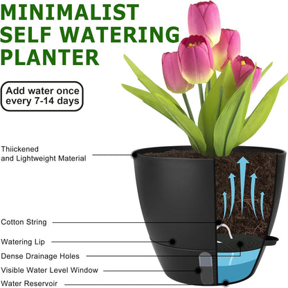 Self-Watering Plant Pots with Water Level Indicator, Drainage Holes & Saucers – 12/10/9 Inch Large Plastic Planter Set for Indoor & Outdoor Plants (Pure Black)