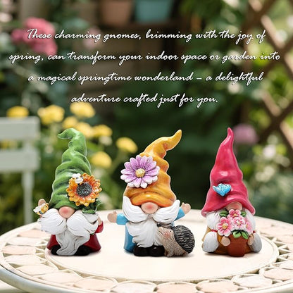 Hodao Set of 3 Spring Gnome Decorations Flower Gnomes Ornaments Decor Summer Outdoor Figurines Spring Elves for Porch, Garden Yard, Flower Bed Garden Gifts for Women, Mom (Multicolor)