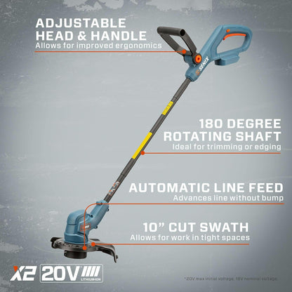 SENIX X2 20 Volt Max* Cordless Grass String Trimmer and Edger Lawn Tool, Detachable Split Shaft, 10-Inch Max Cutting Width, Includes 2.0 Ah Battery and 2A Charger (GTX2-L)