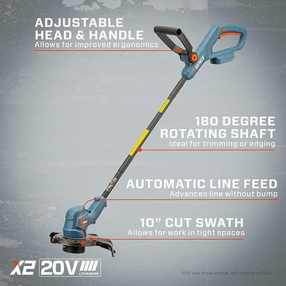 SENIX X2 20 Volt Max* Cordless Grass String Trimmer and Edger Lawn Tool, Detachable Split Shaft, 10-Inch Max Cutting Width, Includes 2.0 Ah Battery and 2A Charger (GTX2-L)