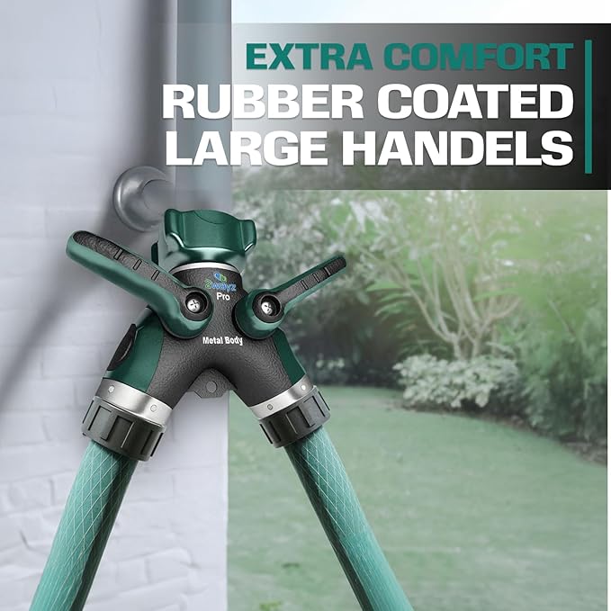2WAYZ Hose Splitter 2 Way Heavy Duty Outdoor Faucet and Garden Connector - Water Spigot Splitter - Durable All-Metal Y Adapter with Shut-Off Valve - 4 x 4 x 1.5 Inches