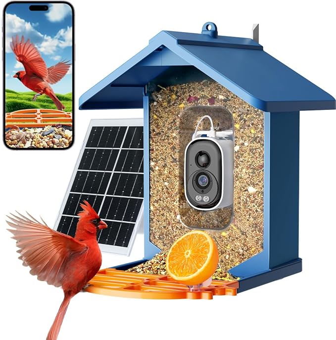 Bird Feeder with Camera 2.5K HD Live Video, AI Bird Identifier, 5MP Photos, 7W Solar Powered & 4000mAh Battery for Wall/Mount/Hang (Blue)