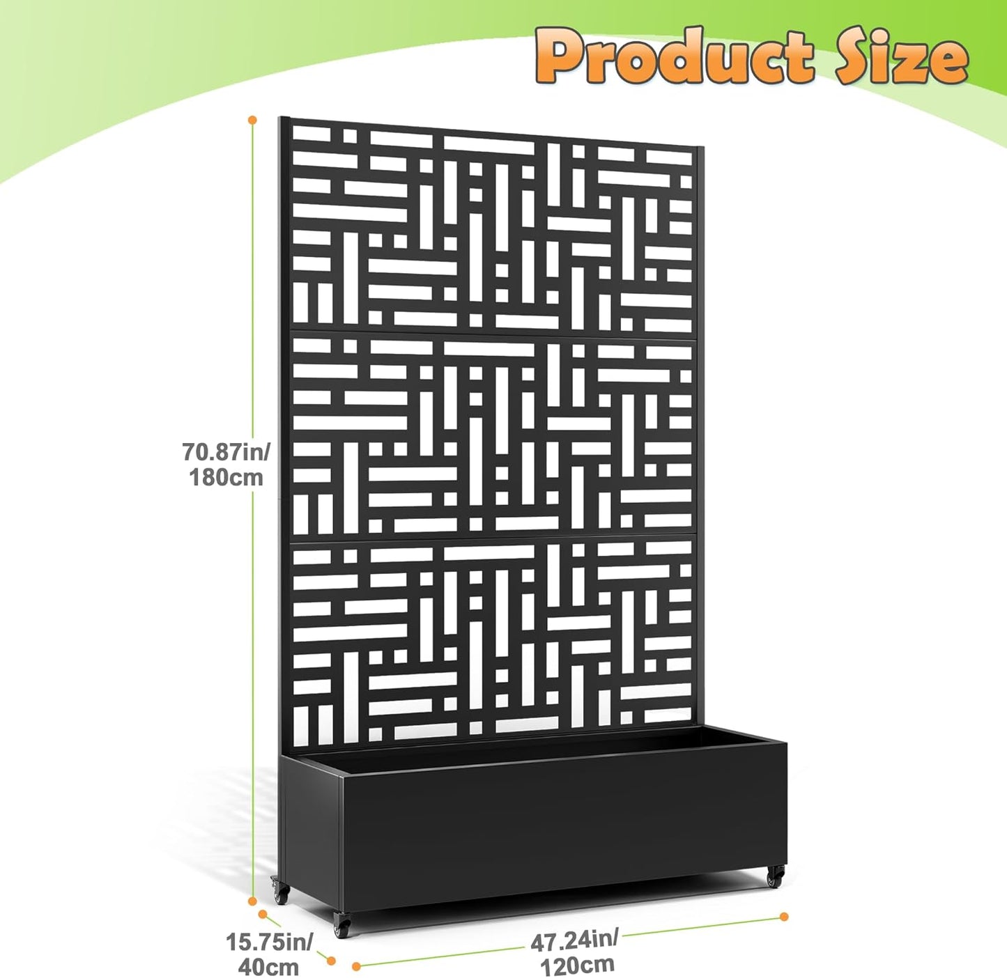 Metal Raised Garden Bed with Trellis, 2-in-1 Planter Box & Privacy Screen for Climbing Plants, Outdoor Standing Flower Bed with Drainage Holes, 47.2" L x 16.7" W x 70.8" H, Black-Helen