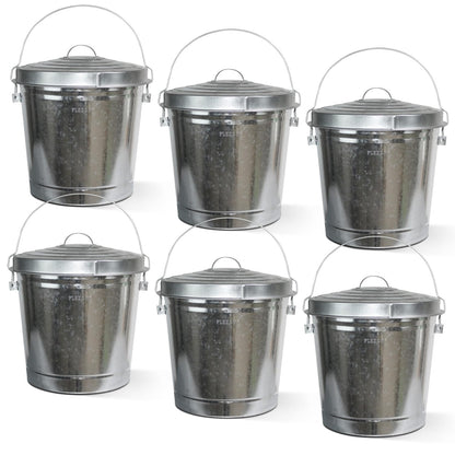 Plexon 10 Gallon Trash Can with Lid Galvanized Metal Bucket with Locking Lid for Poultry Feed Bird Seed Storage Ash Small Garbage Can, 6 Pack