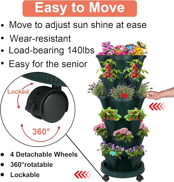Vertical Planter, 6 Tier Stackable Strawberry Planter with Garden Tool Set, Movable Indoor/Outdoor Garden Herb Pot for Growing Vegetables and Succulents, Green