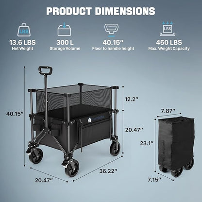 Folding Wagon Cart Foldable with Wheels, Adjustable Decker 150L-300L Capacity, All-Terrain Wheels & Brake, 450LBS Heavy Duty Collapsible Wagon for Beach, Camping, Outdoor