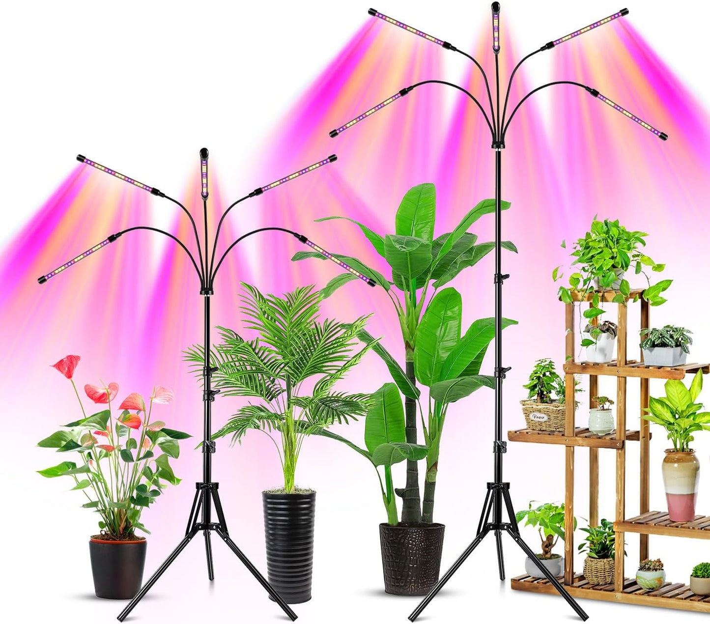 Wolezek Grow Lights for Indoor Plants, 2 Pack Full Spectrum Plant Light with Adjustable Stand, 5-Head LED Grow Light with Auto 6/12/16H Timer, 5 Brightness Levels, Ideal for Large & Tall Plants