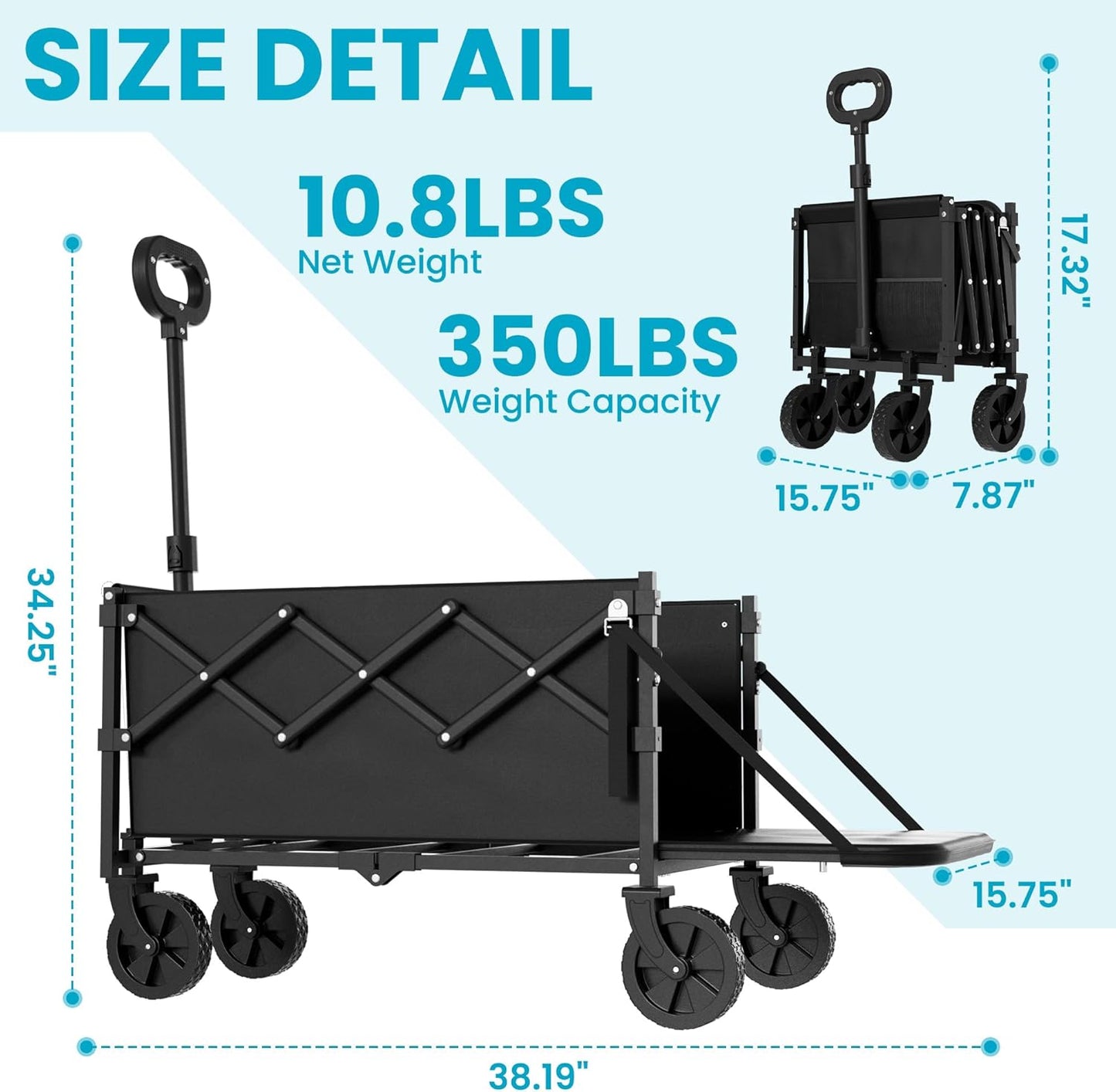 Collapsible Wagon with Tailgate, Wagons Foldable with 350lbs Capacity, Lightweight Portable Utility Wagon Cart for Shopping Camping Sports Garden (Black)