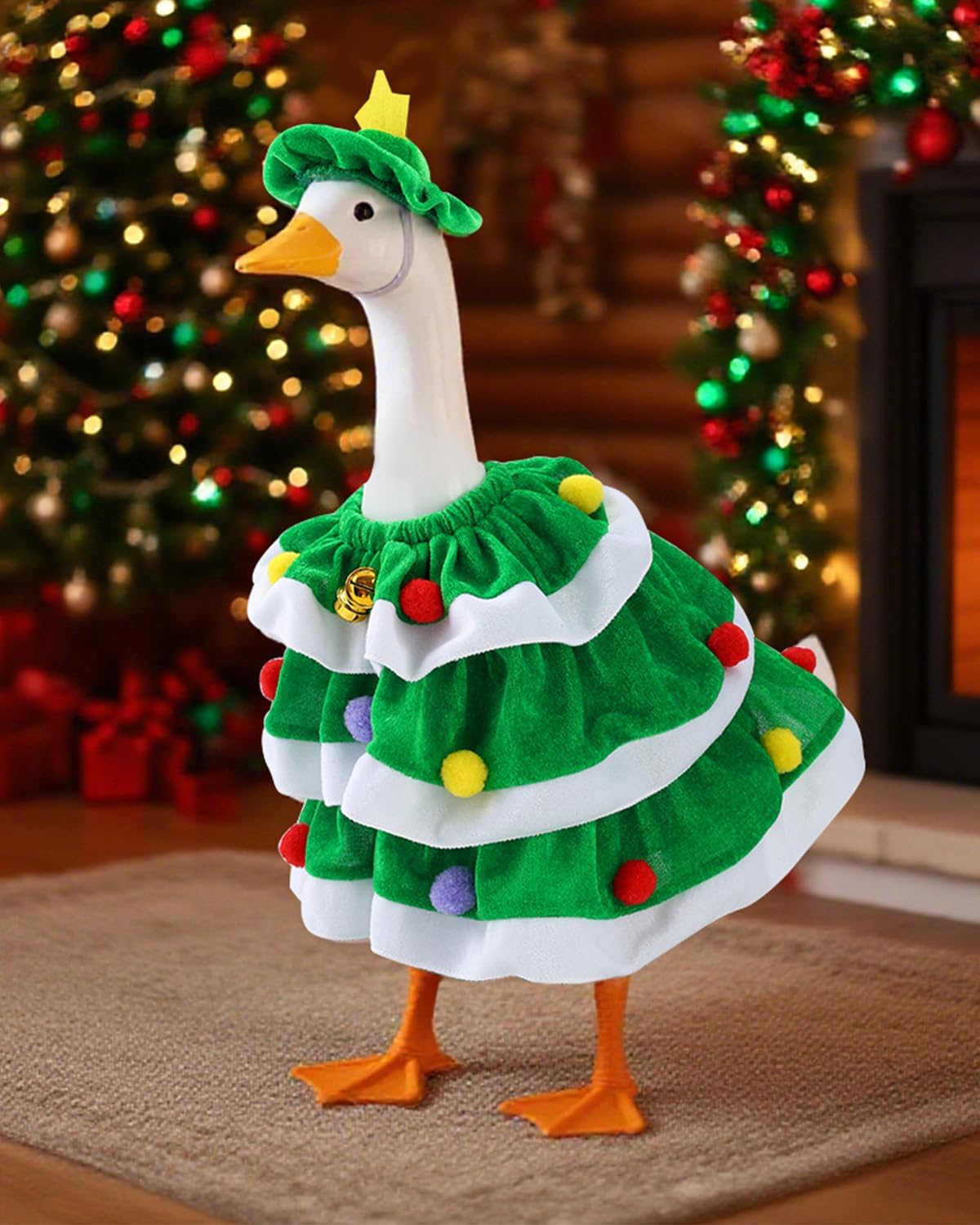 Christmas Porch Goose Outfits With Bells, 2 Pcs/Set Lawn Cement Goose Clothes, 23" Patio Yard Garden Geese Costume Decoration, Green