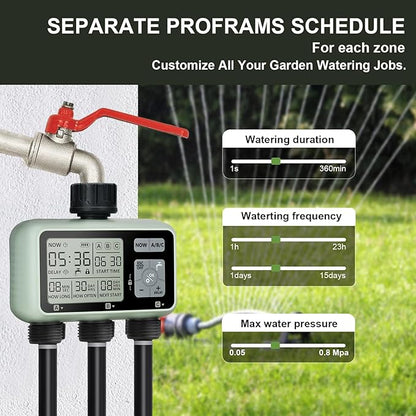 Sprinkler Timer,Auto&Manual Mode, Rain Delay Mode Water for Garden Hose Outdoor IPX5 Waterproof Irrigation Timer 3 Zone for Yard, Lawns and Pool